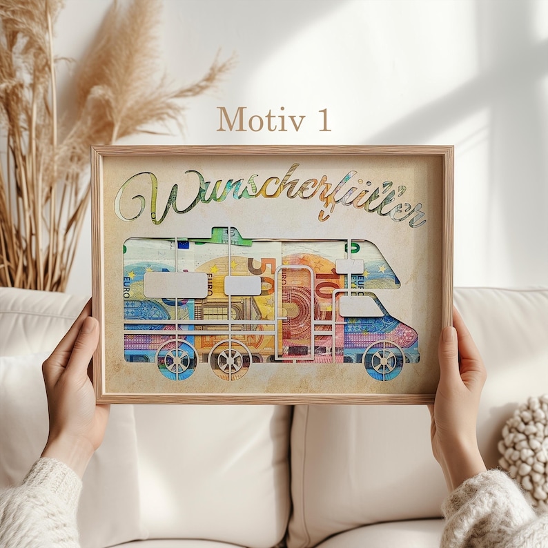 Geschenkverpackung Wunsch-Erfüller mit verschiedenen Motiven wie Wohnmobil, E-Bike, Schiff, Torte, Motorrad und Kleeblatt