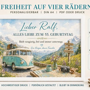 May include: A framed print featuring a vintage light blue and white camper van parked in a mountain landscape. The text reads: Lieber Ralf, ALLES LIEBE ZUM 55. GEBURTSTAG, Bleib neugierig, frei und immer unterwegs, Von Herzen, deine Familie. Includes icons.