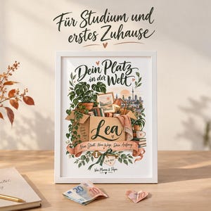 Op de afbeelding: Een wit ingelijste kunstdruk met een kartonnen doos vol boeken, een kamerplant en een lamp, met de naam Lea op de voorzijde. De tekst luidt Dein Platz in der Welt, Neue Stadt: Neue Wege: Dein Anfang en Von Mama & Papa.