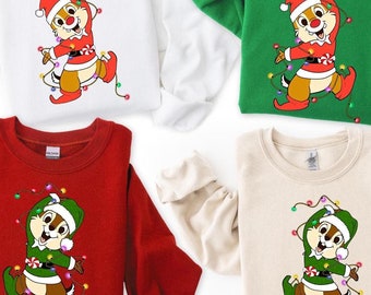 Chip and Dale Christmas Sweatshirt, Festive Holiday Disney Kids Sweater, Cute Chipmunk Christmas Lights Hoodie, Cozy Disney Gift for Fans