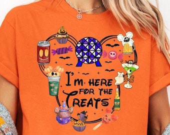 Camiseta con orejas de Mickey "Estoy aquí por las golosinas", camiseta infantil con golosinas de Halloween de Disney, camiseta de vacaciones de Disney, camiseta grupal para comer y beber de Halloween