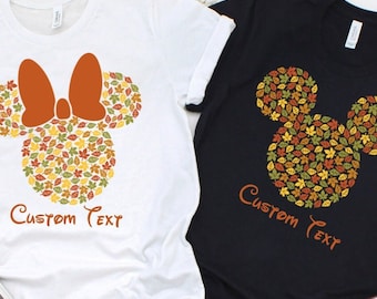 Camisa de pareja de otoño personalizada con orejas de Mickey, camisa infantil con hojas y lazo de Minnie de Disney, camisa a juego familiar de Disney, camisa de otoño con nombre personalizado, viaje a Disney