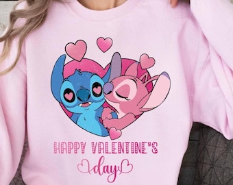 Stitch and Angel Valentine Sweatshirt, Cute Happy Valentine’s Day Gift, Disney Love-Themed Hoodie for Couples and Fans