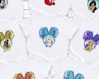 Disney Ear Princess Matching Kids Shirt, Princess Watercolor Dress Shirt, Disney Elsa Jasmine Cinderella Moana Snow White, Disney Girl Shirt