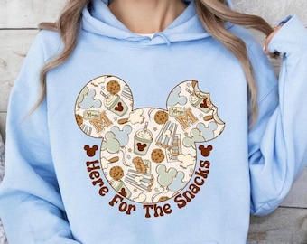 Disney Snacks Hoodie, "Here for the Snacks" Mickey Food Sweatshirt, Cute Disney Treat Lover Pullover, Cozy Disney Park Outfit, Disney Hoodie