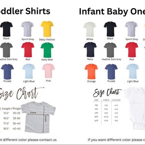 May include: A size chart for toddler shirts and infant baby onesies. The chart shows the different sizes available for each type of garment, along with the corresponding width, length, and weight. The chart also includes a visual representation of a toddler shirt with the measurements labeled.