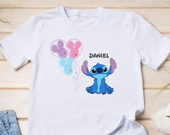 Custom Name Stitch with Balloons Kids Shirt, Disney Custom Stitch Shirt, Personalization Baby Stitch Shirt, Cartoon Custom Family Shirt