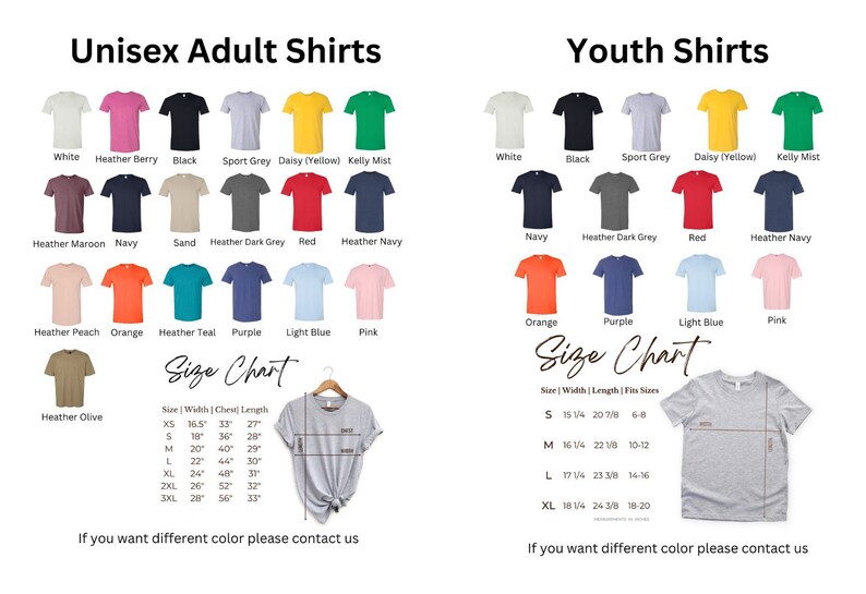 Puede incluir: Un gr&aacute;fico que muestra diferentes opciones de color para camisetas unisex para adultos y j&oacute;venes. El gr&aacute;fico incluye una tabla de tallas con medidas en pulgadas para las camisetas para adultos y una tabla de tallas con medidas en pulgadas y tallas para j&oacute;venes correspondientes para las camisetas para j&oacute;venes.