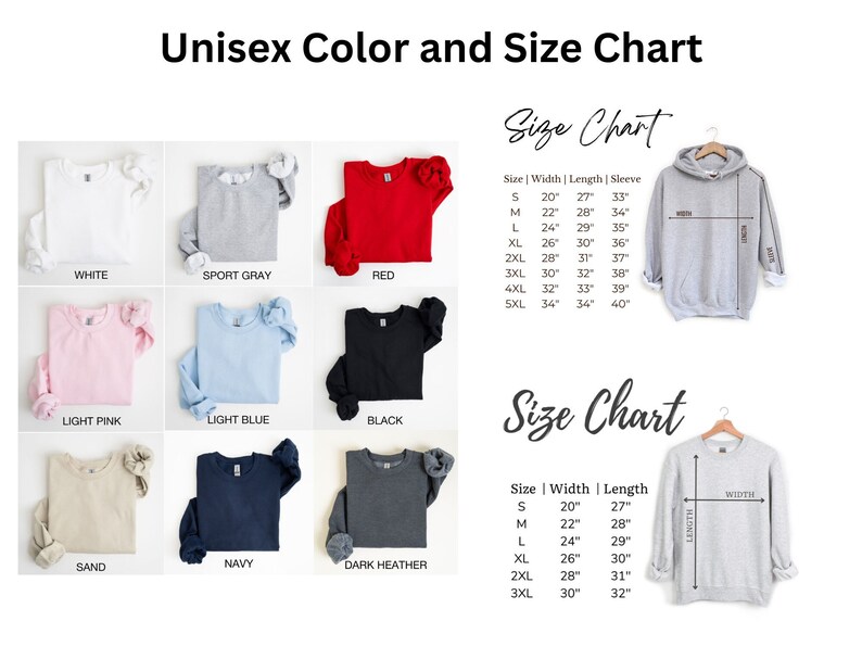 Puede incluir: Tabla de tallas y colores unisex para camisetas y sudaderas con capucha. La tabla muestra diferentes colores de camisetas, incluyendo blanco, gris deportivo, rojo, rosa claro, azul claro, negro, arena, azul marino y gris oscuro. La tabla tambi&eacute;n muestra la talla, el ancho, la longitud y la longitud de la manga para cada talla. Las tallas van de la S a la 5XL.