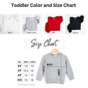 Puede incluir: Tabla de tallas para sudadera para ni&ntilde;os peque&ntilde;os en blanco, gris deportivo, rojo y negro. La tabla muestra las medidas de ancho y largo en pulgadas para las tallas 2T, 3T, 4T y 5/6.