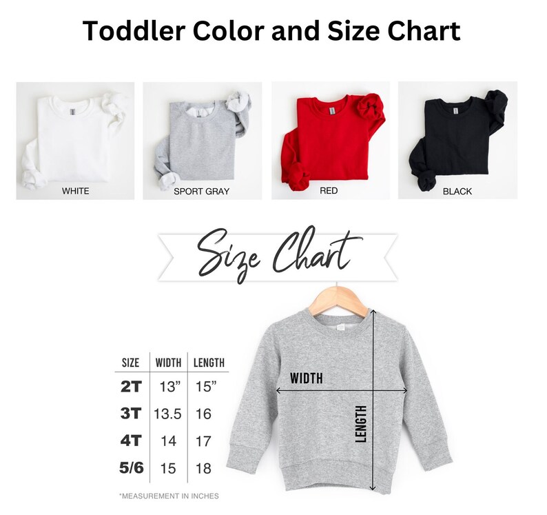 Puede incluir: Tabla de tallas para sudadera para ni&ntilde;os peque&ntilde;os en blanco, gris deportivo, rojo y negro. La tabla muestra las medidas de ancho y largo en pulgadas para las tallas 2T, 3T, 4T y 5/6.