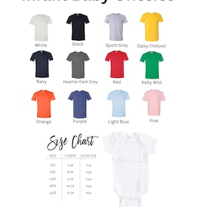 May include: A size chart for infant baby onesies with various colors, including white, black, sport grey, daisy yellow, navy, heather dark grey, red, kelly mist, orange, purple, light blue, and pink. The chart shows the size, chest measurement in inches, and length in inches.