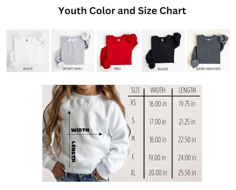 Puede incluir: Tabla de tallas para sudadera para j&oacute;venes con medidas en pulgadas para ancho y largo. La tabla muestra las tallas XS, S, M, L y XL. La sudadera se muestra en blanco, gris deportivo, rojo, negro y gris oscuro.
