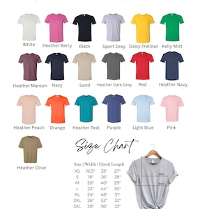 May include: Unisex adult t-shirt colour chart with 18 different colour options. The chart shows the colour names and a size chart with measurements in inches for width, chest, and length. The sizes are XS, S, M, L, XL, 2XL, and 3XL.