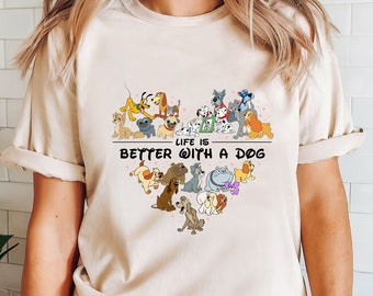 La vida es mejor con un perro Camiseta infantil con forma de corazón de La dama y el vagabundo, camiseta para amantes de los perros de Disney, camisetas de La dama y el vagabundo de 101 dálmatas, Disneyland