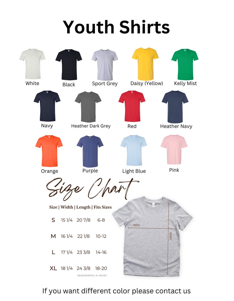 May include: Youth t-shirt size chart with measurements in inches. The chart shows the width and length of each size, from small to extra large. The chart also includes the corresponding age range for each size.