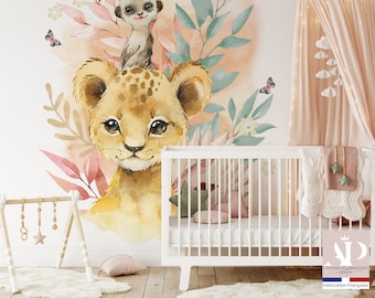 Papier peint intissé lisse Lionceau et suricate terracotta pour chambre d'enfant, bébé, garçon, différentes tailles et personnalisation