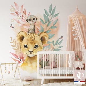 Smooth non-woven wallpaper Lion cub and terracotta meerkat for children's room, baby, boy, different sizes and customization