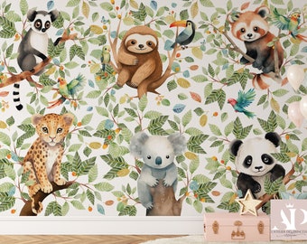 Tropical forest wallpaper for children's room Non-woven Satin, Scratch-resistant, Washable, Eco-responsible, FSC