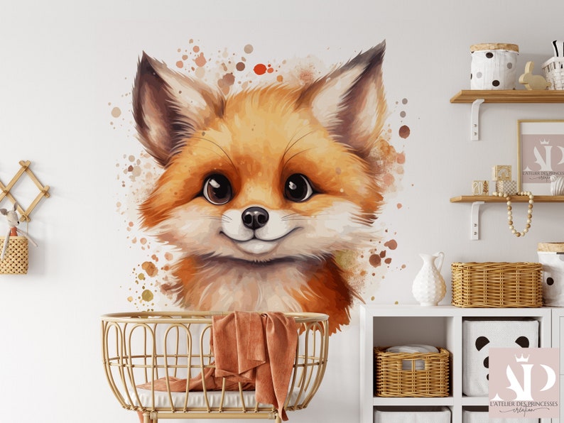 May include: A watercolor illustration of a cute orange fox with brown ears and a white muzzle. The fox is surrounded by watercolor splatters in shades of brown and orange.