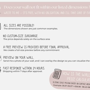 May include: A light pink graphic with text about custom wallpaper dimensions, including "All sizes are possible!" and "No custom-size surcharge." The image also mentions a free preview and fast response times.
