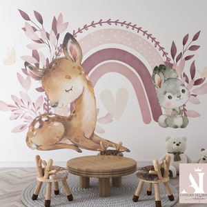 Papier peint Douce Forêt biche et lapin, chambre d'enfant. Satin Intissé, Résistant aux Éraflures, Lessivable, Eco-responsable, Certifié FSC