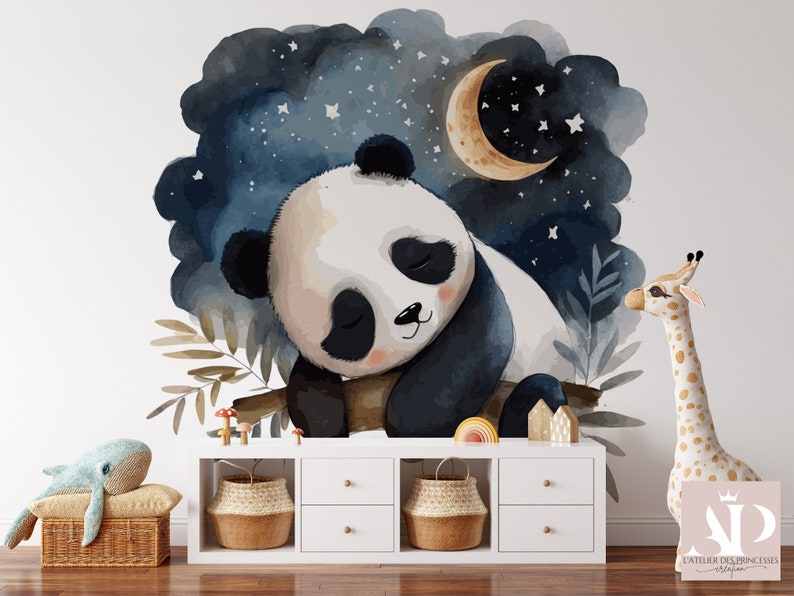 May include: A watercolor illustration of a sleeping panda bear with a crescent moon and stars in the background. The panda is sitting on a branch with leaves and mushrooms. The illustration is on a white background.