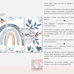May include: A three-panel wallpaper mural featuring a watercolor koala parent and baby, a blue and tan rainbow, and blue leaves on a white background. The design includes a gold heart and a dark gray glitter heart, with a maximum width of 51.5 inches.