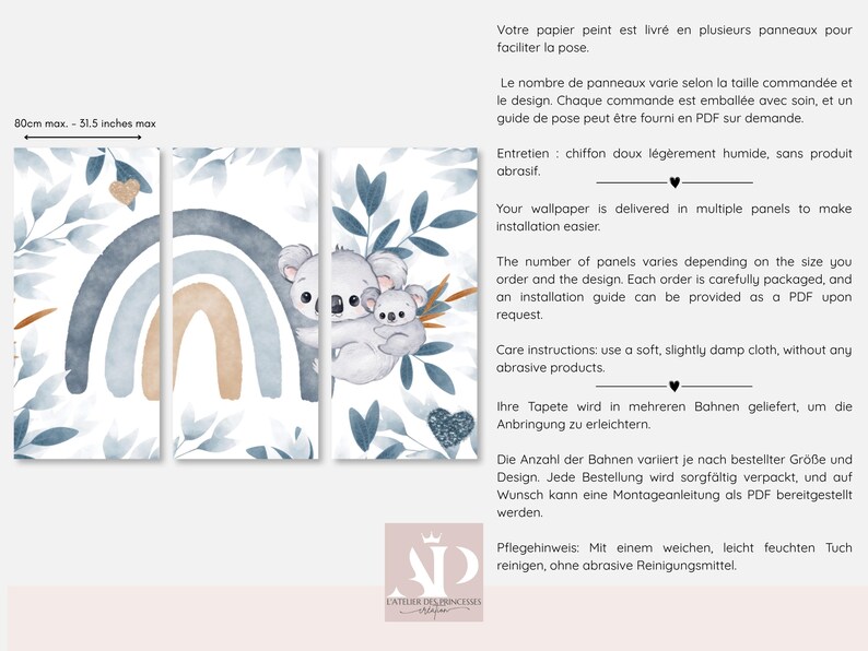 May include: A three-panel wallpaper mural featuring a watercolor koala parent and baby, a blue and tan rainbow, and blue leaves on a white background. The design includes a gold heart and a dark gray glitter heart, with a maximum width of 51.5 inches.
