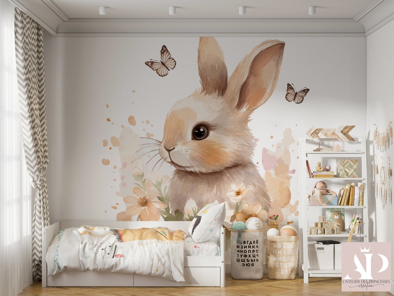 Elegant Rabbit and Butterflies Satin Non-Woven Wallpaper, Scratch Resistant, Washable, Eco-responsible, FSC Certified image 2