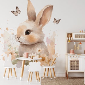 Elegant Rabbit and Butterflies Satin Non-Woven Wallpaper, Scratch Resistant, Washable, Eco-responsible, FSC Certified image 3