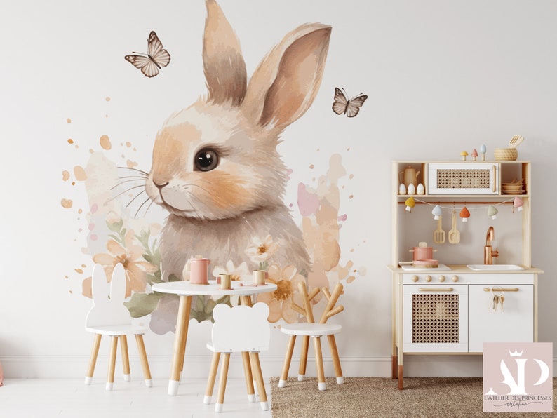 Elegant Rabbit and Butterflies Satin Non-Woven Wallpaper, Scratch Resistant, Washable, Eco-responsible, FSC Certified image 3