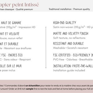 May include: A product information sheet for Intiss&eacute; wallpaper, featuring text in French and English. The sheet highlights qualities like high-end quality, matte finish, and eco-friendly inks. It also mentions a sample order option.