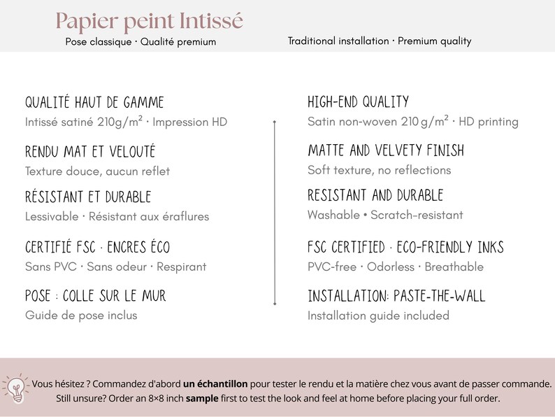 May include: A product information sheet for Intiss&eacute; wallpaper, featuring text in French and English. The sheet highlights qualities like high-end quality, matte finish, and eco-friendly inks. It also mentions a sample order option.