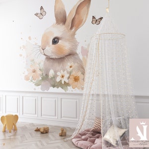 Elegant Rabbit and Butterflies Satin Non-Woven Wallpaper, Scratch Resistant, Washable, Eco-responsible, FSC Certified image 4