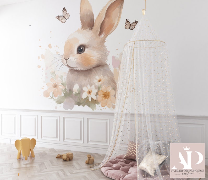 Elegant Rabbit and Butterflies Satin Non-Woven Wallpaper, Scratch Resistant, Washable, Eco-responsible, FSC Certified image 4