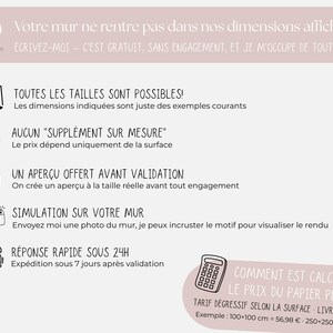 May include: A light pink graphic with text in French, including "Votre mur ne rentre pas dans nos dimensions affich&eacute;es ?" and "Toutes les tailles sont possibles!" with icons of a square meter, money, a gift, a camera, and a clock.