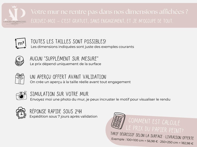 May include: A light pink graphic with text in French, including "Votre mur ne rentre pas dans nos dimensions affich&eacute;es ?" and "Toutes les tailles sont possibles!" with icons of a square meter, money, a gift, a camera, and a clock.