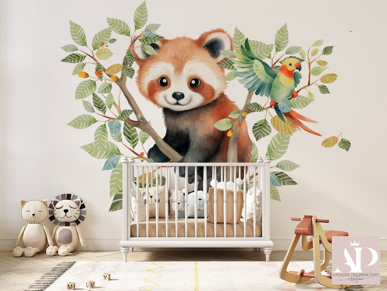 Papier Peint Adorable Panda Roux dans les arbres chambre d'enfant Satin Intissé, Résistant aux Éraflures, Lessivable, Eco-responsable, FSC image 1