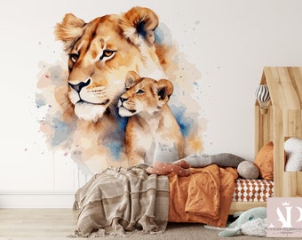 Elegant Lioness and Lion Cub Satin Non-Woven Wallpaper, Scratch Resistant, Washable, Eco-responsible, FSC Certified, Width 60cm