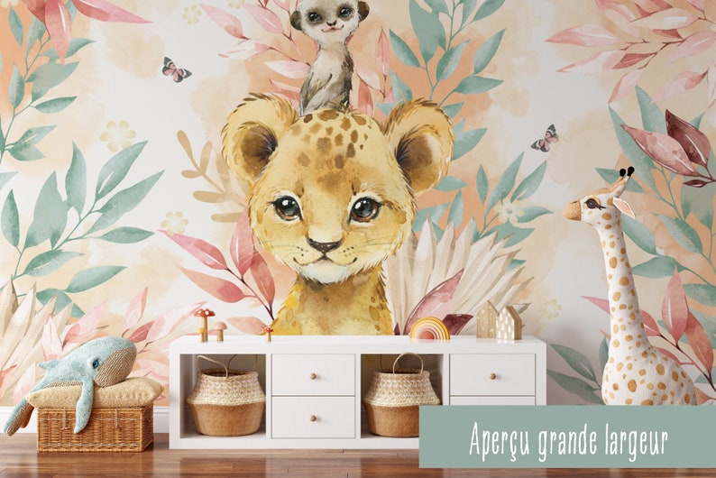 Papier peint intissé Lion Savane rose et Or pour chambre d'enfant, bébé, garçon, différentes tailles possible, personnalisation image 5