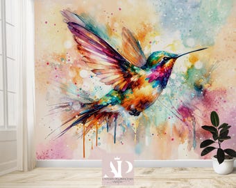 Papier peint colibri aquarelle coloré — Panoramique tropical bohème, décoration murale chambre salon, splash peinture, pastel rose turquoise