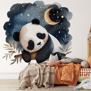 May include: Watercolor illustration of a sleeping panda bear on a branch, set against a night sky with a crescent moon and stars. The panda is black and white, with closed eyes, and the background is a mix of blue and dark colors. The image has a whimsical, dreamy quality.