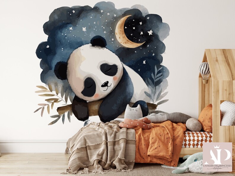 May include: Watercolor illustration of a sleeping panda bear on a branch, set against a night sky with a crescent moon and stars. The panda is black and white, with closed eyes, and the background is a mix of blue and dark colors. The image has a whimsical, dreamy quality.