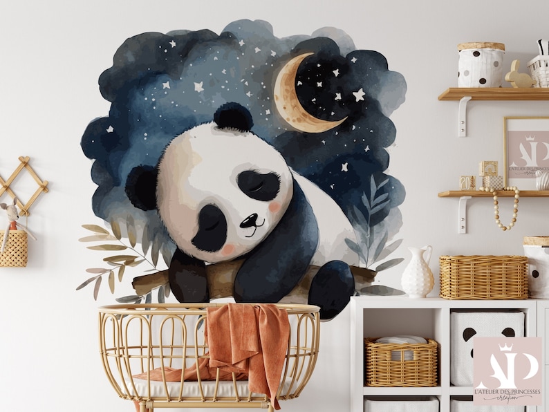 May include: A watercolor illustration of a sleeping panda bear on a branch, set against a night sky with a crescent moon and stars. The panda is black and white, with closed eyes, and is surrounded by leafy branches. The image is a wall decal.