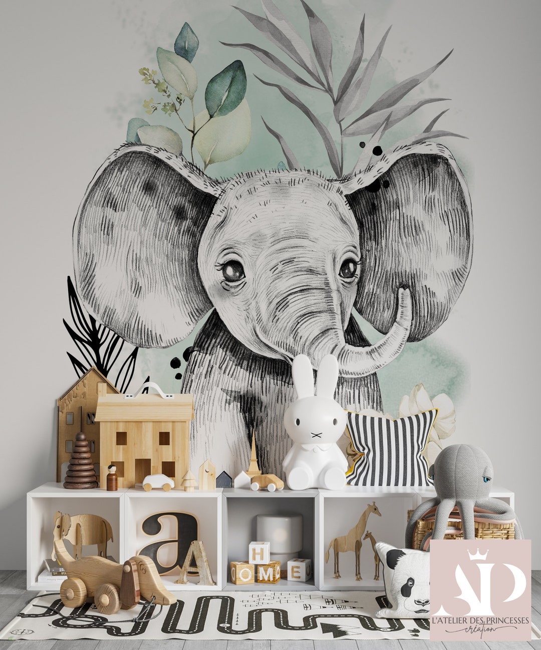 Smooth Non-woven Wallpaper Elephant Savanna Water Green for