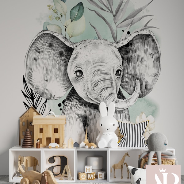 Smooth non-woven wallpaper Elephant Savanna water green for children's room, baby, boy, different sizes possible, customization