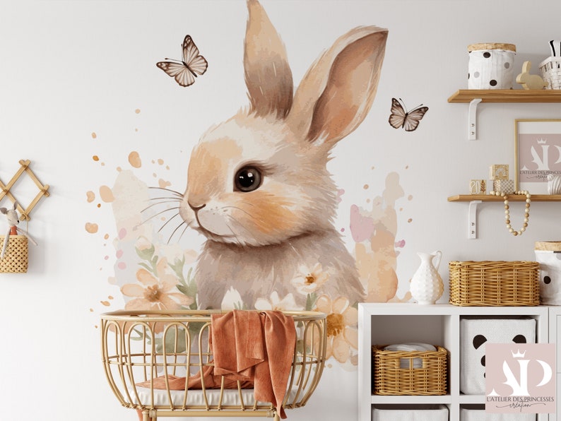Elegant Rabbit and Butterflies Satin Non-Woven Wallpaper, Scratch Resistant, Washable, Eco-responsible, FSC Certified image 5