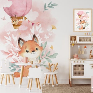 Lovely fox pink smooth non-woven wallpaper for children&#39;s room, Fox, squirrel and hot air balloon baby, girl, different sizes possible