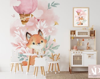 Smooth non-woven wallpaper Lovely pink fox for children's bedroom, Fox, squirrel and hot air balloon for baby, girl, different sizes possible